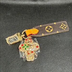 ✅ PRICE IS FIRM ✅ FASHION Brown Leather Strap Key Charm with Gold Jeweled Motif